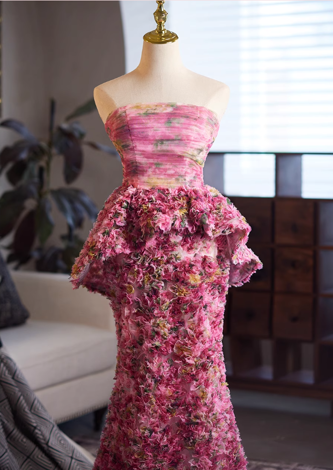 Fabulous Strapless Floral Sweet 16th Mermaid Dresses Lace-Up Ruffles Tulle Prom Dress AP5026