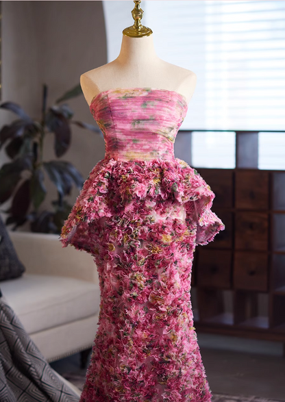 Fabulous Strapless Floral Sweet 16th Mermaid Dresses Lace-Up Ruffles Tulle Prom Dress AP5026