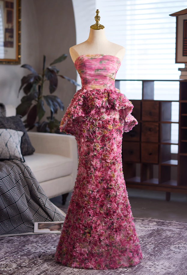Fabulous Strapless Floral Sweet 16th Mermaid Dresses Lace-Up Ruffles Tulle Prom Dress AP5026