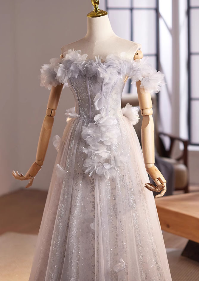 Chic Off-Shoulder A-Line Sweet 16th Dresses Appliques Sequins Tulle Prom Dress AP5027