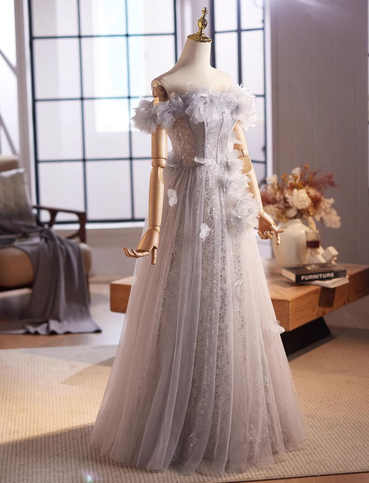 Chic Off-Shoulder A-Line Sweet 16th Dresses Appliques Sequins Tulle Prom Dress AP5027