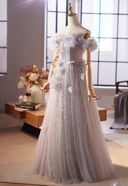 Chic Off-Shoulder A-Line Sweet 16th Dresses Appliques Sequins Tulle Prom Dress AP5027