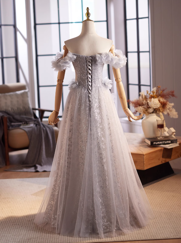 Chic Off-Shoulder A-Line Sweet 16th Dresses Appliques Sequins Tulle Prom Dress AP5027