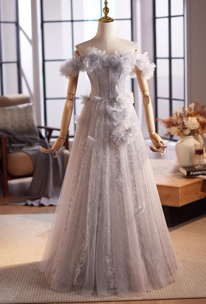 Chic Off-Shoulder A-Line Sweet 16th Dresses Appliques Sequins Tulle Prom Dress AP5027