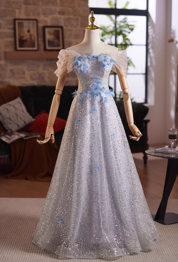 Luxury Off-Shoulder A-Line Sweet 16th Dresses Appliques Sequins Beaded Tulle Prom Dress AP5029