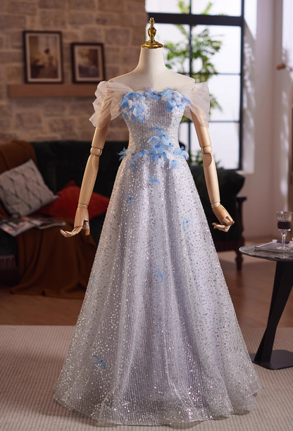 Luxury Off-Shoulder A-Line Sweet 16th Dresses Appliques Sequins Beaded Tulle Prom Dress AP5029