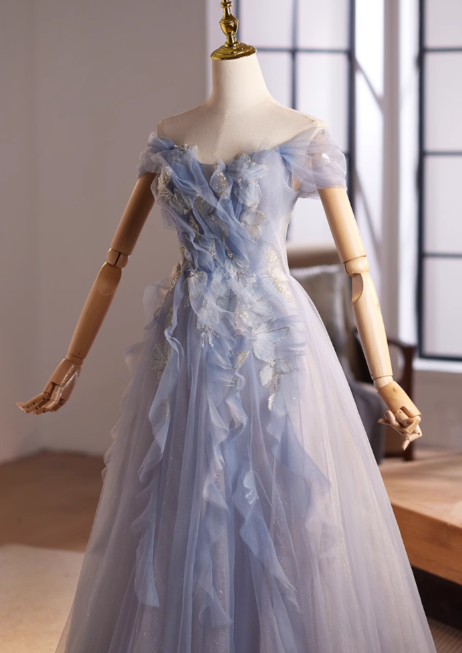 Graceful A-Line Off-Shoulder Ruffled Tulle Sweet 16th Dresses Appliques Sequins Beaded Prom Dress AP5030