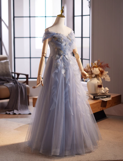 Graceful A-Line Off-Shoulder Ruffled Tulle Sweet 16th Dresses Appliques Sequins Beaded Prom Dress AP5030