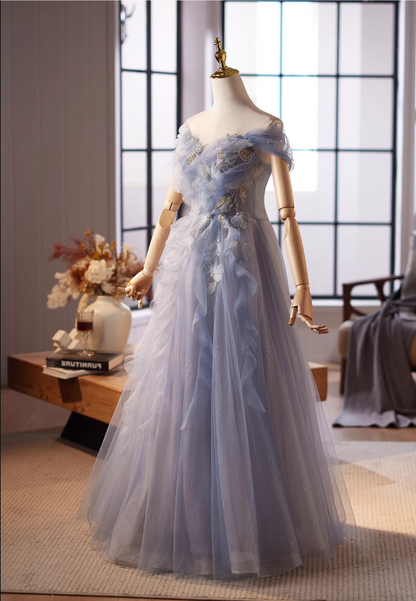 Graceful A-Line Off-Shoulder Ruffled Tulle Sweet 16th Dresses Appliques Sequins Beaded Prom Dress AP5030