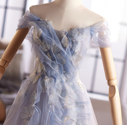 Graceful A-Line Off-Shoulder Ruffled Tulle Sweet 16th Dresses Appliques Sequins Beaded Prom Dress AP5030