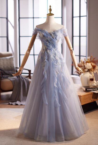 Graceful A-Line Off-Shoulder Ruffled Tulle Sweet 16th Dresses Appliques Sequins Beaded Prom Dress AP5030