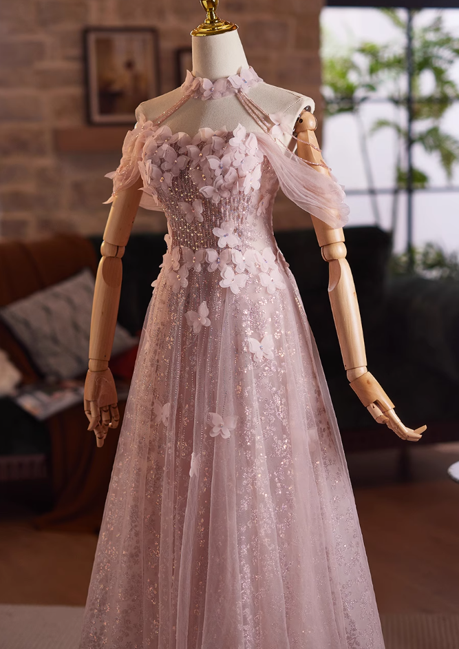 Elegant A-Line Off-Shoulder Sweet 16th Dresses Butterflies Sequins Beading Pink Tulle Prom Dress AP5031