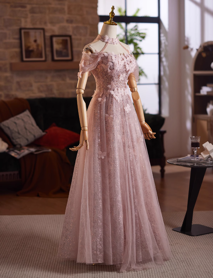Elegant A-Line Off-Shoulder Sweet 16th Dresses Butterflies Sequins Beading Pink Tulle Prom Dress AP5031