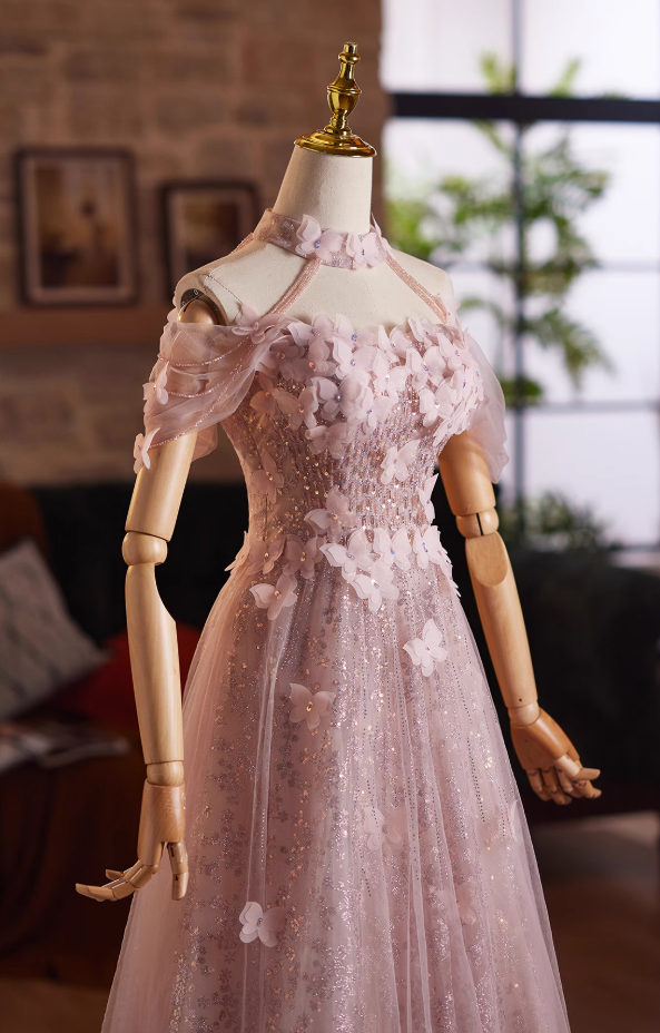 Elegant A-Line Off-Shoulder Sweet 16th Dresses Butterflies Sequins Beading Pink Tulle Prom Dress AP5031