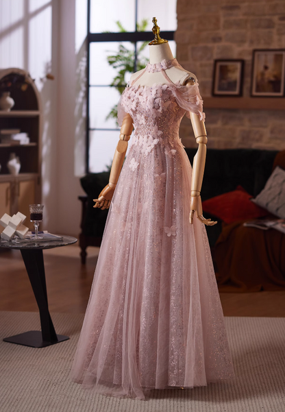 Elegant A-Line Off-Shoulder Sweet 16th Dresses Butterflies Sequins Beading Pink Tulle Prom Dress AP5031