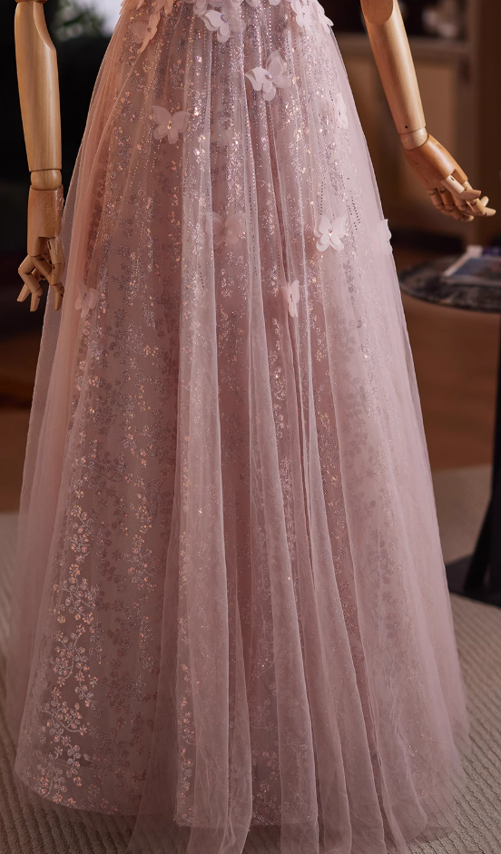 Elegant A-Line Off-Shoulder Sweet 16th Dresses Butterflies Sequins Beading Pink Tulle Prom Dress AP5031
