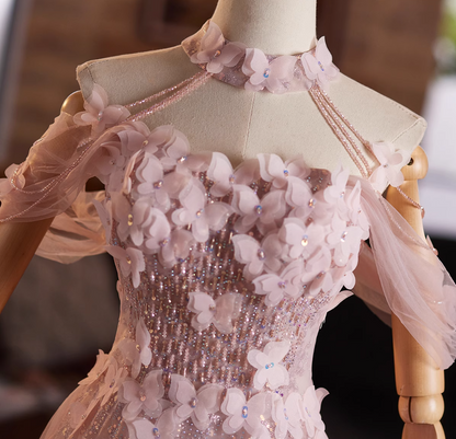 Elegant A-Line Off-Shoulder Sweet 16th Dresses Butterflies Sequins Beading Pink Tulle Prom Dress AP5031