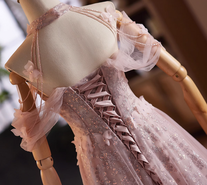 Elegant A-Line Off-Shoulder Sweet 16th Dresses Butterflies Sequins Beading Pink Tulle Prom Dress AP5031