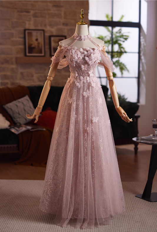 Elegant A-Line Off-Shoulder Sweet 16th Dresses Butterflies Sequins Beading Pink Tulle Prom Dress AP5031