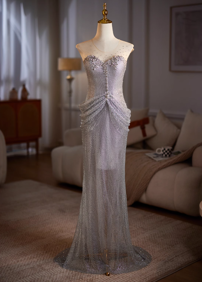 Classical Sheath Illusion Neck Draped Sweet 16th Dresses Beading Rhinestones Prom Dress AP5032