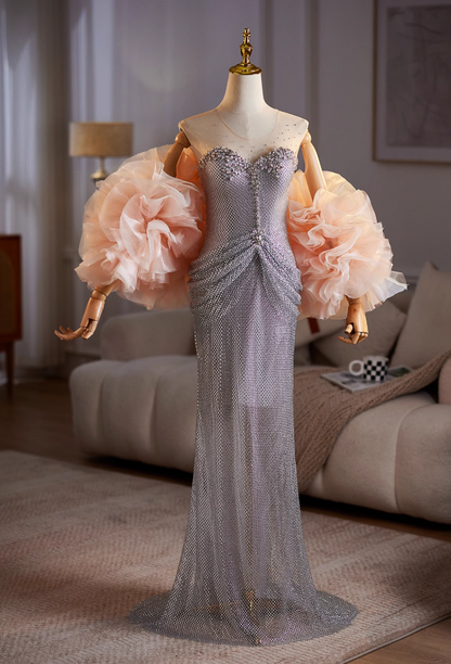 Classical Sheath Illusion Neck Draped Sweet 16th Dresses Beading Rhinestones Prom Dress AP5032