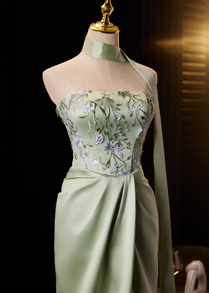 Fantastic Sheath Strapless Sweet 16th Dresses High-Slit Satin Appliques Prom Dress AP5033