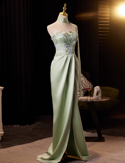 Fantastic Sheath Strapless Sweet 16th Dresses High-Slit Satin Appliques Prom Dress AP5033