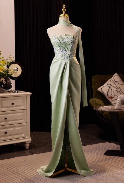 Fantastic Sheath Strapless Sweet 16th Dresses High-Slit Satin Appliques Prom Dress AP5033