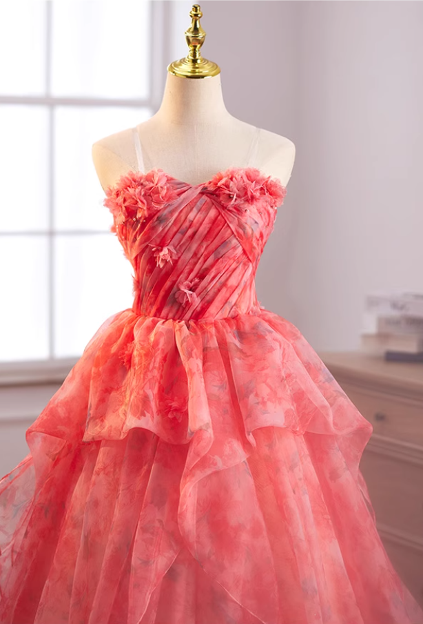 Cute Strapless A-Line Ruffled Floral Tulle Sweet 16th Gowns Appliques Beads Prom Dress AP5035