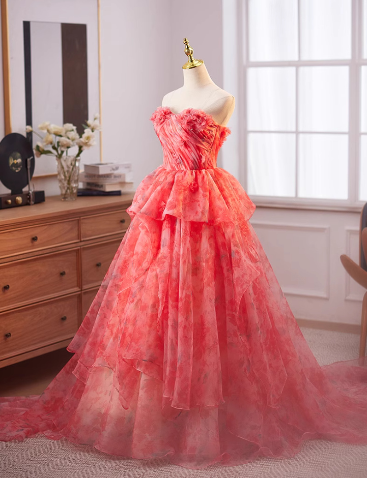 Cute Strapless A-Line Ruffled Floral Tulle Sweet 16th Gowns Appliques Beads Prom Dress AP5035