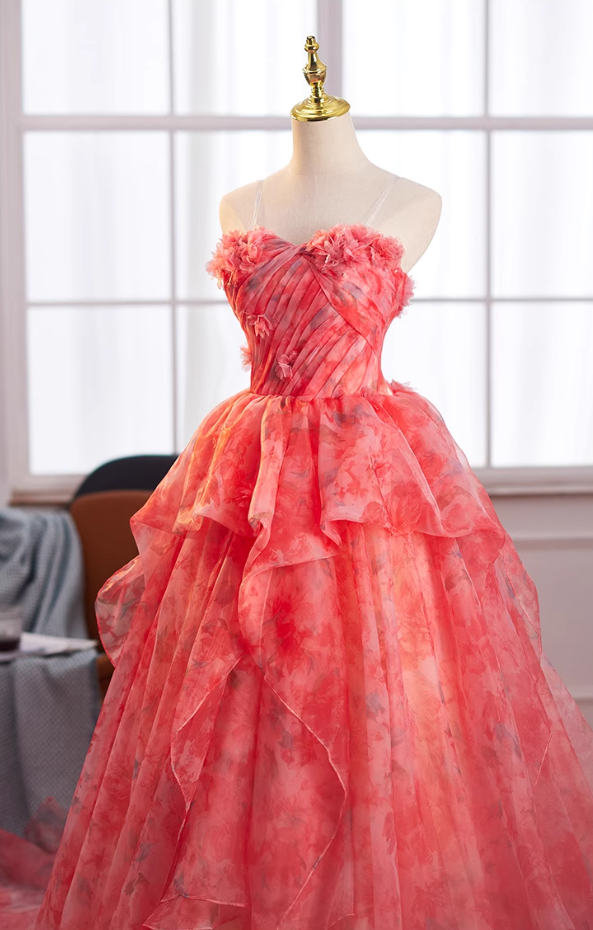 Cute Strapless A-Line Ruffled Floral Tulle Sweet 16th Gowns Appliques Beads Prom Dress AP5035