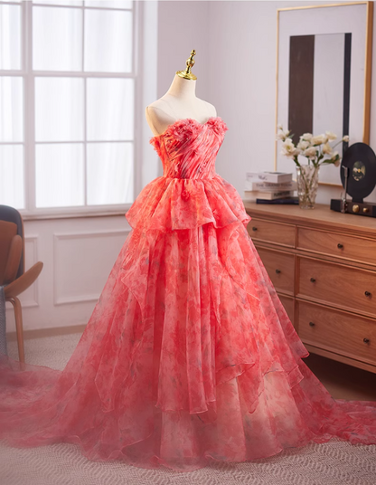 Cute Strapless A-Line Ruffled Floral Tulle Sweet 16th Gowns Appliques Beads Prom Dress AP5035