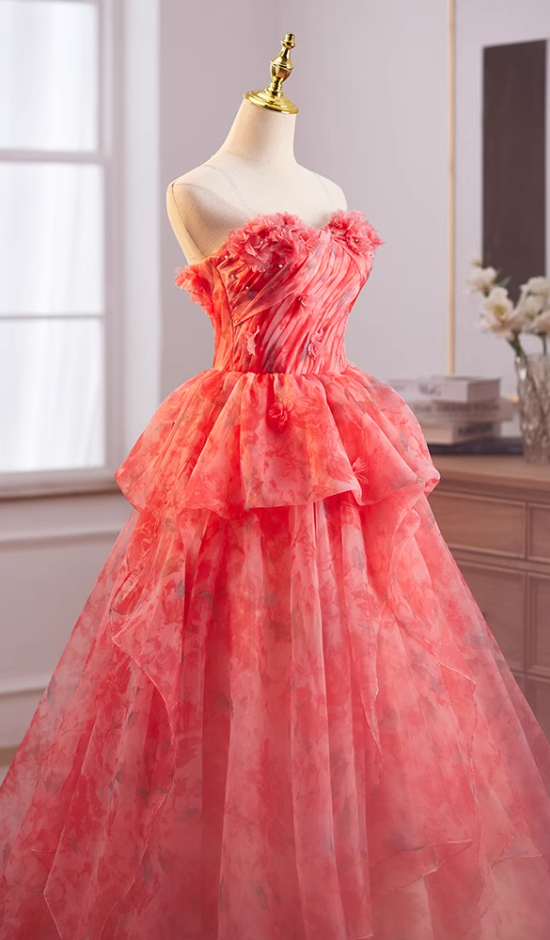 Cute Strapless A-Line Ruffled Floral Tulle Sweet 16th Gowns Appliques Beads Prom Dress AP5035