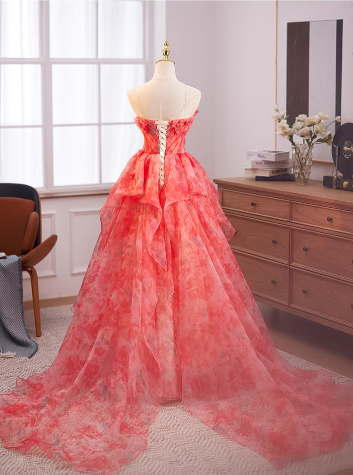 Cute Strapless A-Line Ruffled Floral Tulle Sweet 16th Gowns Appliques Beads Prom Dress AP5035