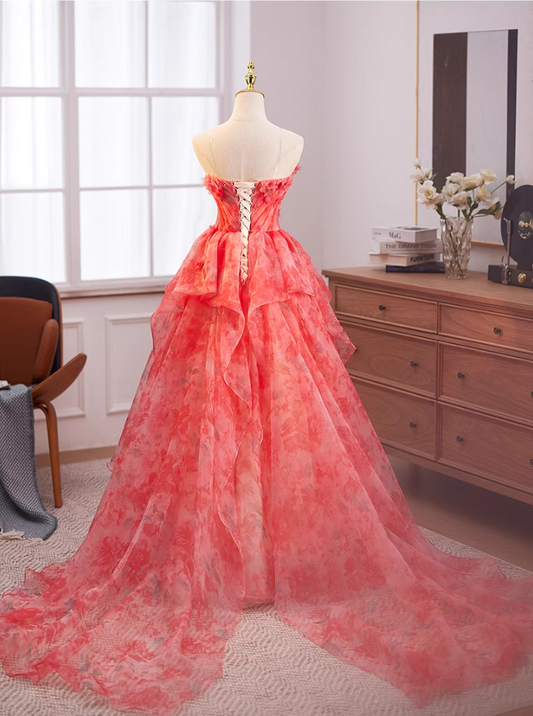 Cute Strapless A-Line Ruffled Floral Tulle Sweet 16th Gowns Appliques Beads Prom Dress AP5035