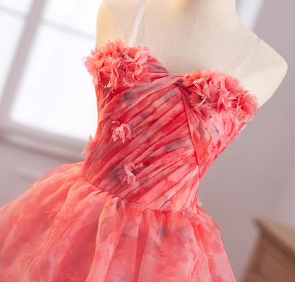 Cute Strapless A-Line Ruffled Floral Tulle Sweet 16th Gowns Appliques Beads Prom Dress AP5035