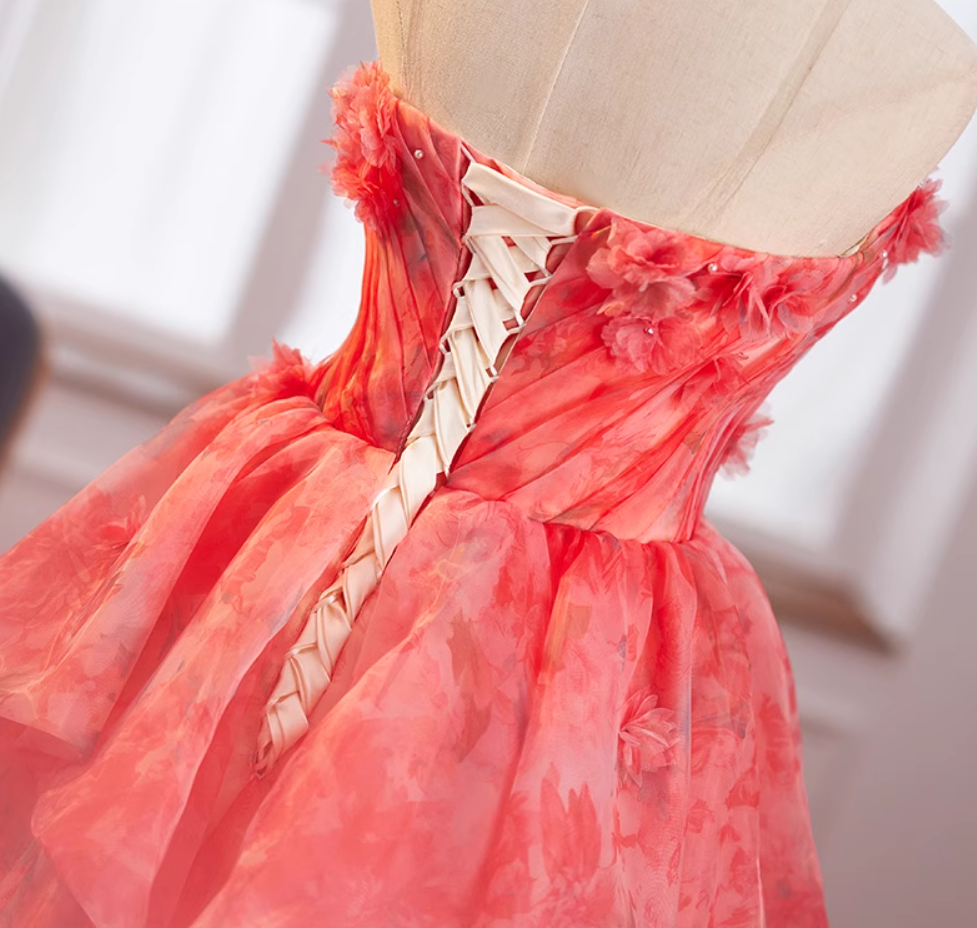 Cute Strapless A-Line Ruffled Floral Tulle Sweet 16th Gowns Appliques Beads Prom Dress AP5035