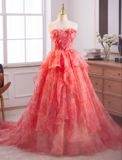 Cute Strapless A-Line Ruffled Floral Tulle Sweet 16th Gowns Appliques Beads Prom Dress AP5035