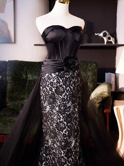 Gothic Style Strapless Black Lace Tulle Evening Mermaid Gowns Handmade Flower Prom Dress AP5036