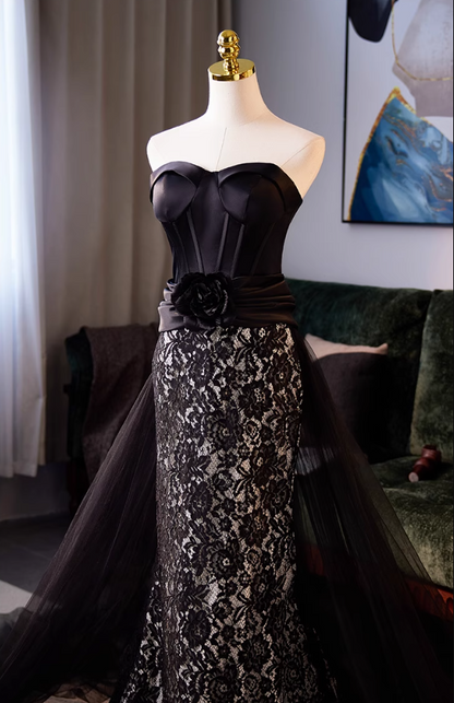 Gothic Style Strapless Black Lace Tulle Evening Mermaid Gowns Handmade Flower Prom Dress AP5036