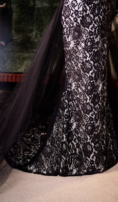 Gothic Style Strapless Black Lace Tulle Evening Mermaid Gowns Handmade Flower Prom Dress AP5036