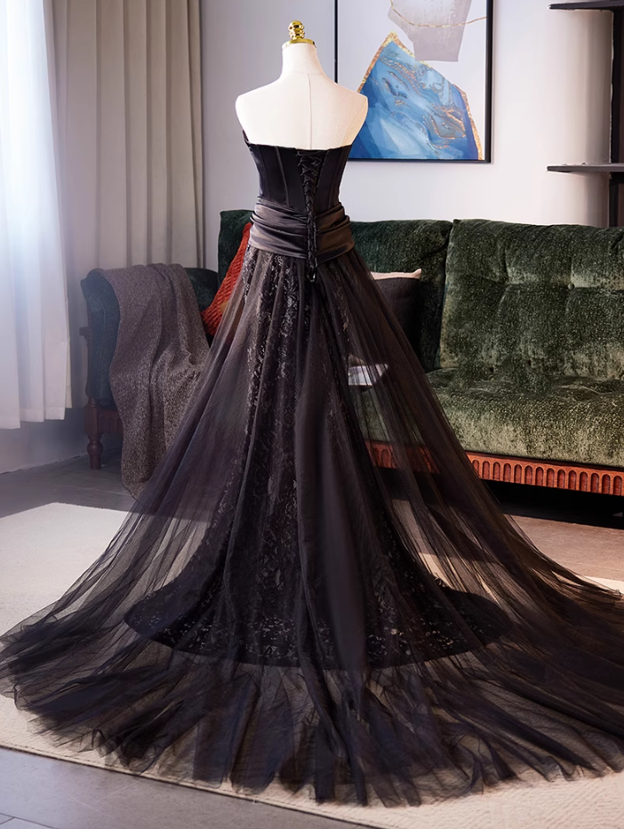 Gothic Style Strapless Black Lace Tulle Evening Mermaid Gowns Handmade Flower Prom Dress AP5036