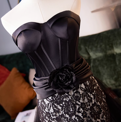 Gothic Style Strapless Black Lace Tulle Evening Mermaid Gowns Handmade Flower Prom Dress AP5036