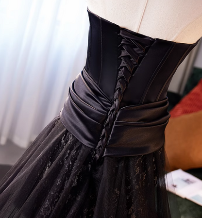 Gothic Style Strapless Black Lace Tulle Evening Mermaid Gowns Handmade Flower Prom Dress AP5036