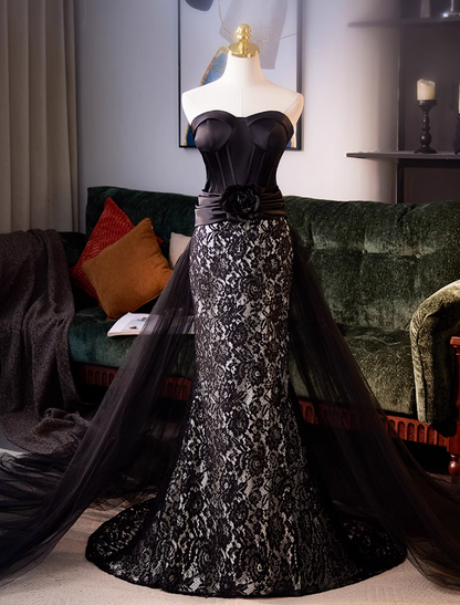 Gothic Style Strapless Black Lace Tulle Evening Mermaid Gowns Handmade Flower Prom Dress AP5036