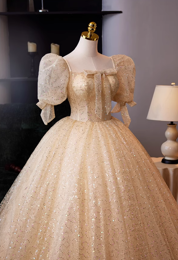 Vintage Square Neck A-Line Layered Tulle Sweet 16th Gowns Bows Sequins Puff Short Sleeve Prom Dress AP5037