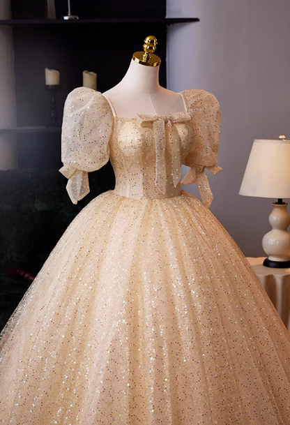 Vintage Square Neck A-Line Layered Tulle Sweet 16th Gowns Bows Sequins Puff Short Sleeve Prom Dress AP5037
