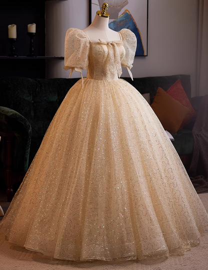 Vintage Square Neck A-Line Layered Tulle Sweet 16th Gowns Bows Sequins Puff Short Sleeve Prom Dress AP5037
