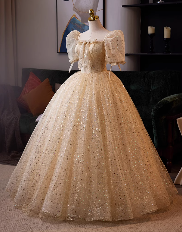 Vintage Square Neck A-Line Layered Tulle Sweet 16th Gowns Bows Sequins Puff Short Sleeve Prom Dress AP5037