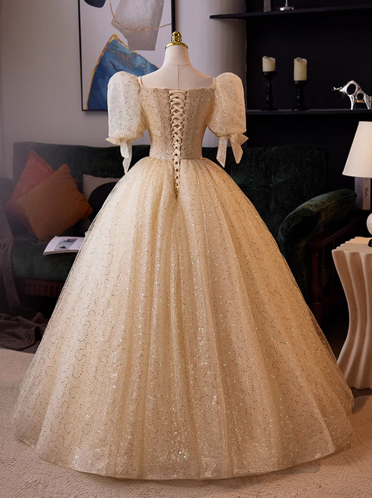 Vintage Square Neck A-Line Layered Tulle Sweet 16th Gowns Bows Sequins Puff Short Sleeve Prom Dress AP5037